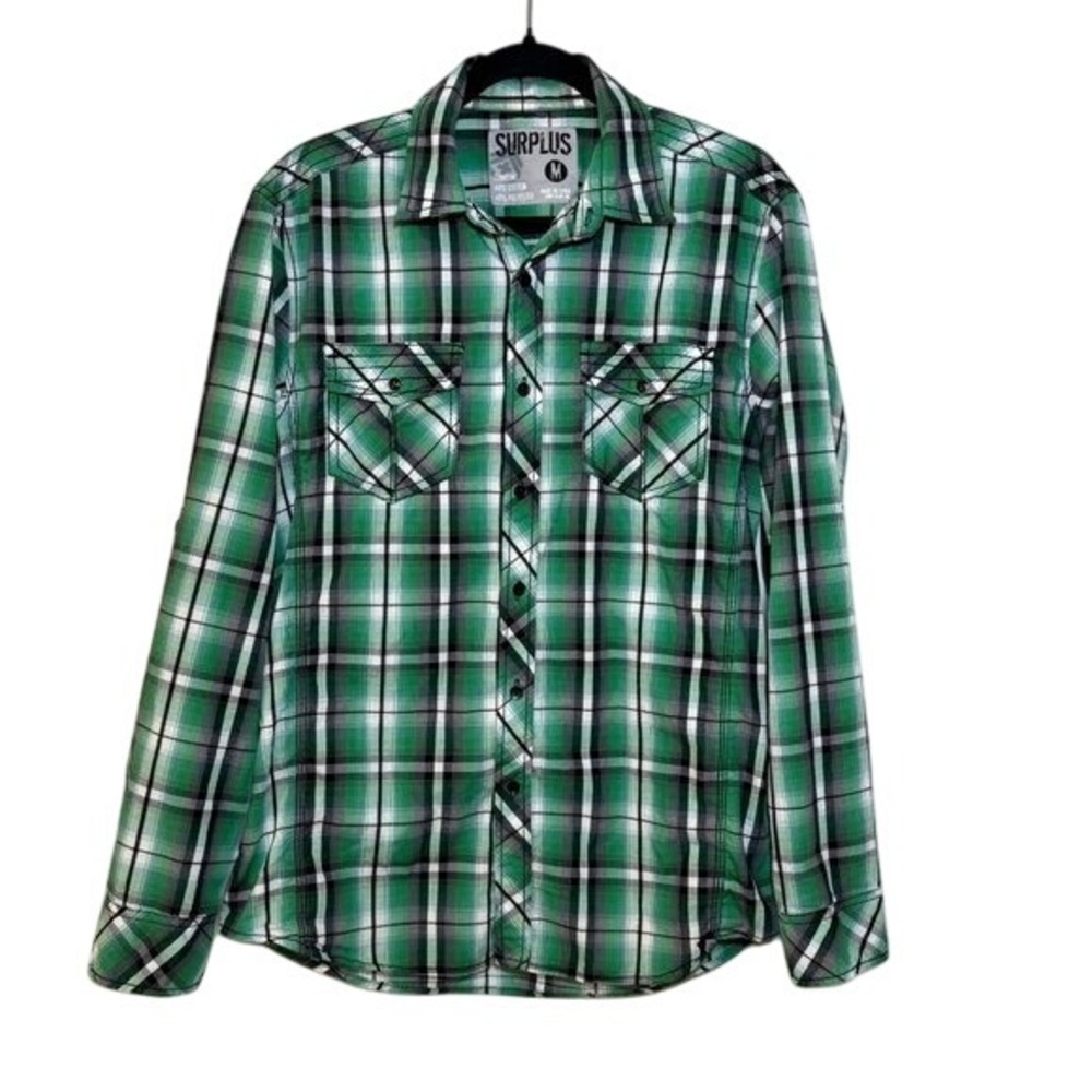 Surplus Men's Medium Plaid Button-Down‎ Shirt Green Black White Casual Western